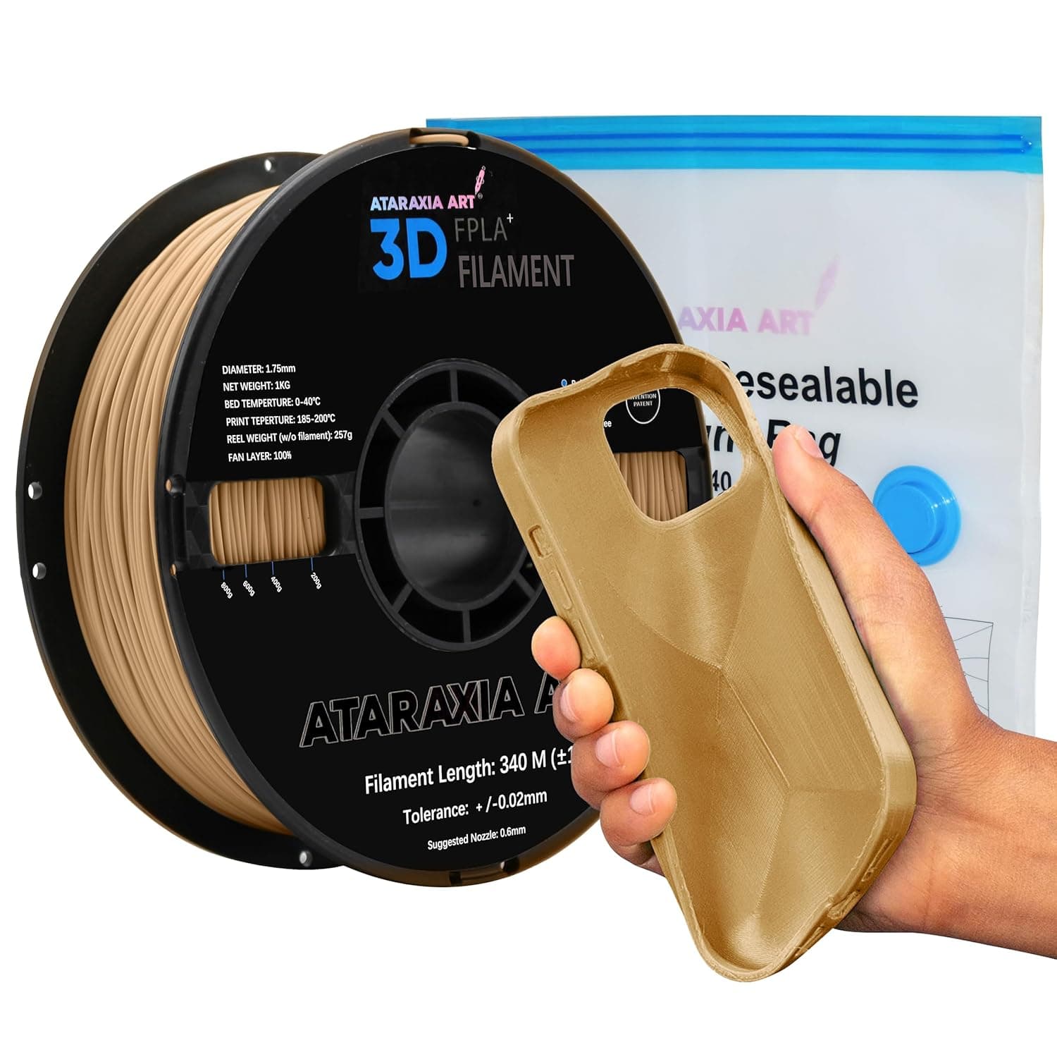 חוט הדפסה גמיש ATARAXIA ART PLA למדפסת תלת מימד 1.75 מ"מ, חזק, סליל 1 ק"ג/2.2 ליברות, נמתח פי 5, קל יותר מה-TPU, קשיות 89A Shore, פורמולה בפטנט, כולל שקיות אחסון לחוט, FPLA חום בהיר – ATARAXIA PLA