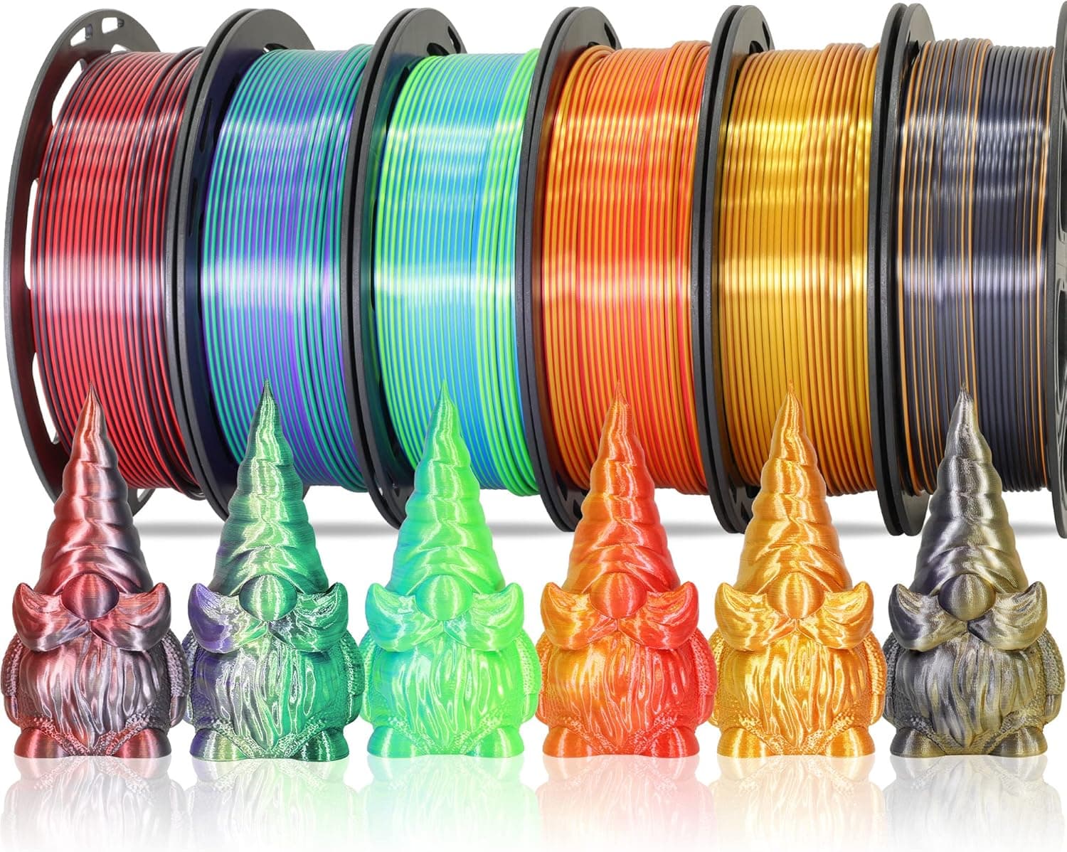 MIKA3D חבילת 6 סלילים דו-צבעיים בקוטר 1.75 מ"מ, חוט להדפסת תלת מימד Silk PLA, צבעי משי אדום-זהב/אדום-שחור/שחור-כתום/זהב-נחושת/ירוק ליים-כחול/ירוק-סגול, 250 גרם Silk PLA לכל אחד מ-6 הסלילים – MIKA3D PLA