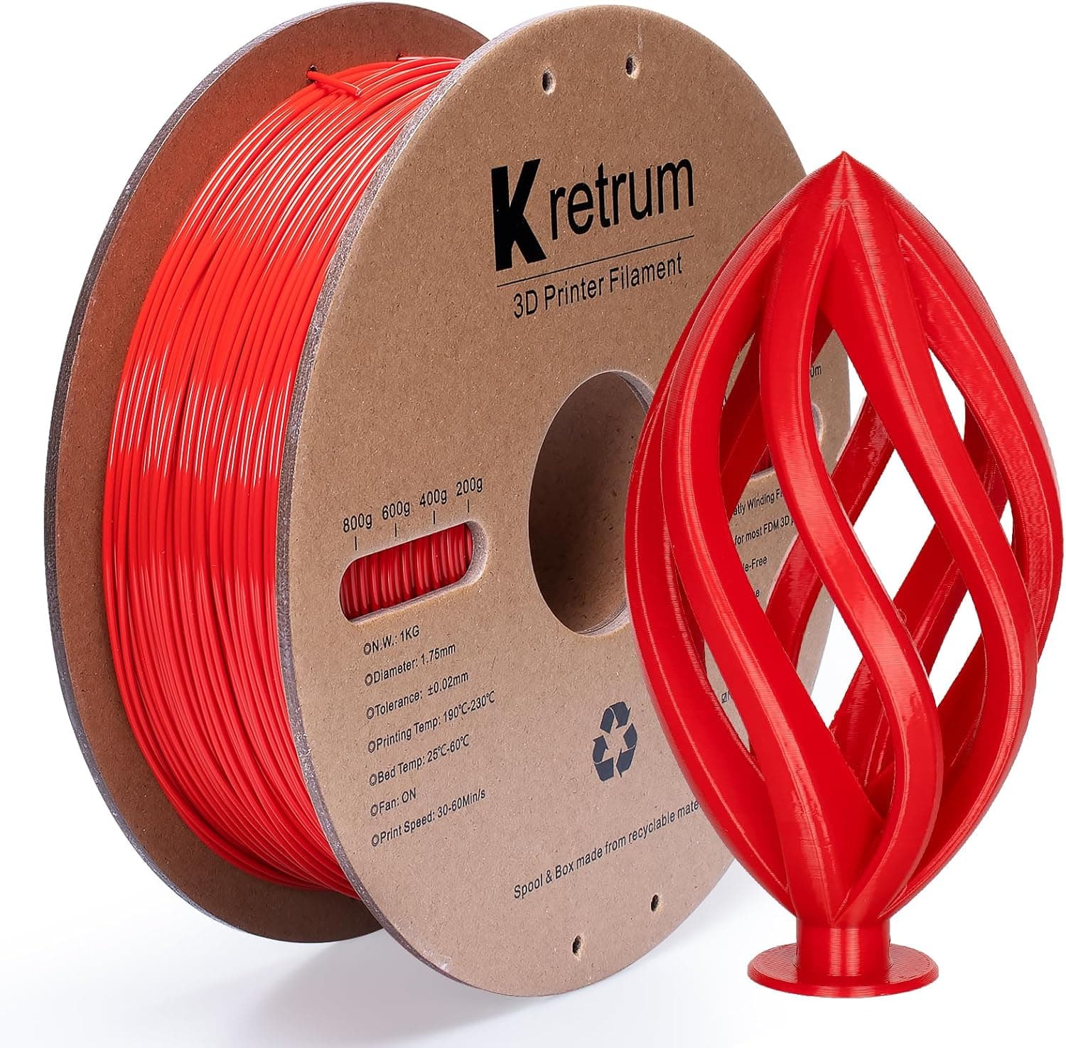 חוט Kretrum PLA למדפסת תלת מימד 1.75 מ"מ, דיוק מימדי +/- 0.02 מ"מ, 1 ק"ג, סליל קרטון, מתאים לרוב מדפסות FDM, אדום – Kretrum PLA