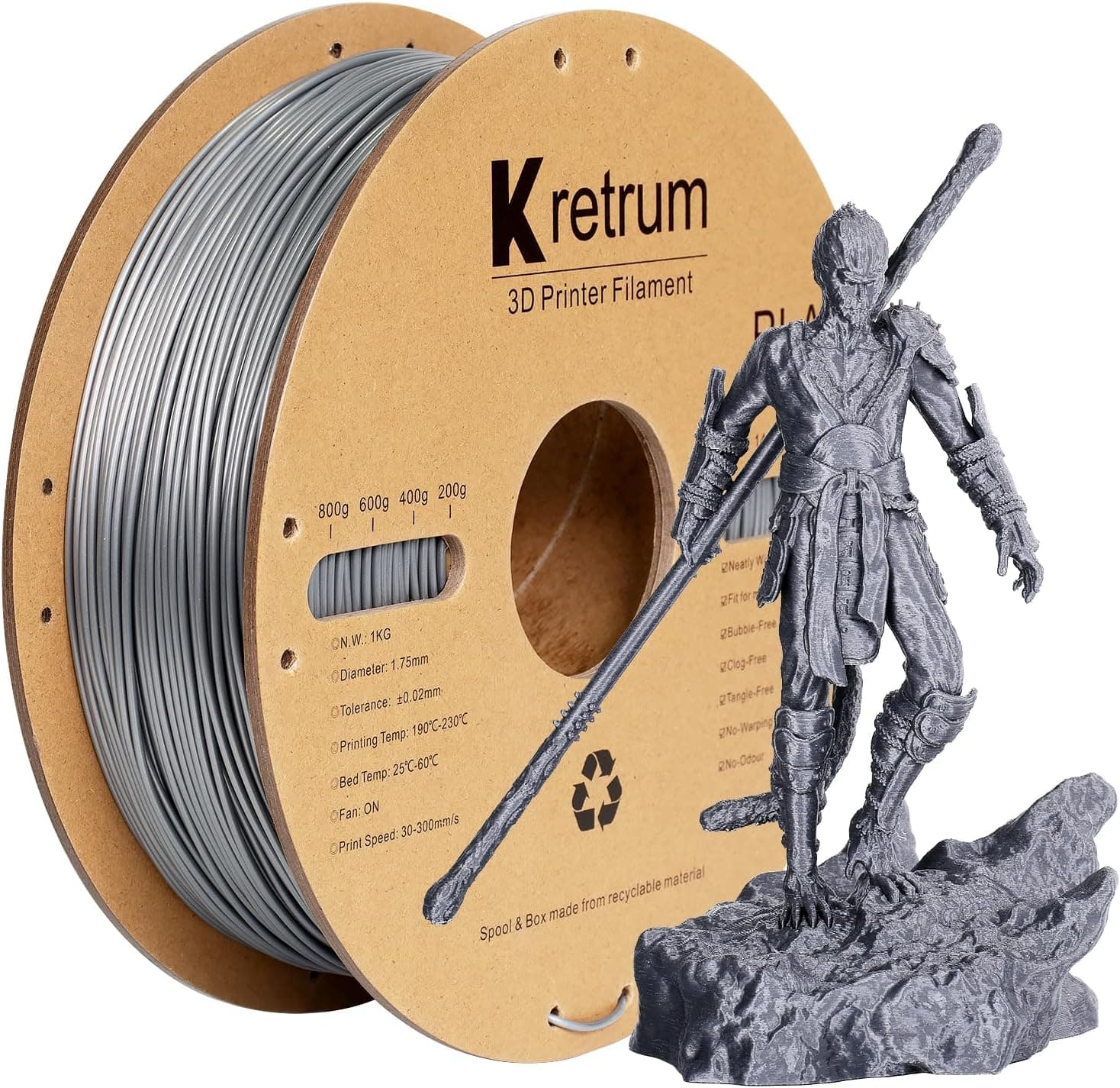 חוט Kretrum PLA 1.75 מ"מ למדפסת תלת מימד, סליל קרטון, 1 ק"ג, תואם לרוב מדפסות FDM, מתאים ל-ELEGOO, Anycubic, FlashForge, Creality, Bambu, Prusa ועוד. צבע כסף – FlashForge PLA